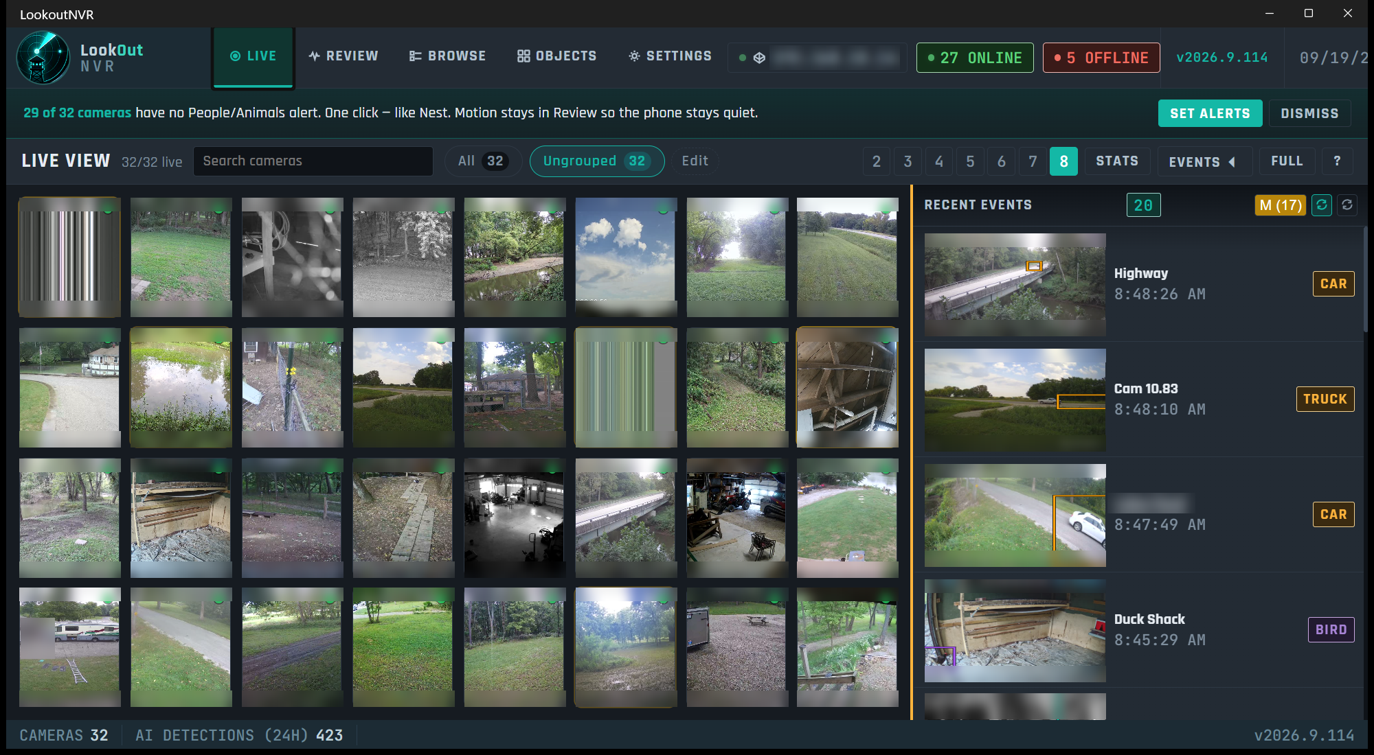 LookoutNVR live view of 32 cameras, with recent car, truck, and bird events beside the wall