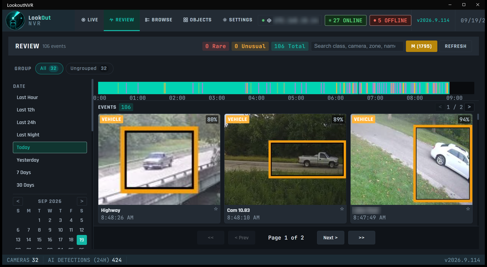 LookoutNVR review, a day timeline and vehicle events with boxes